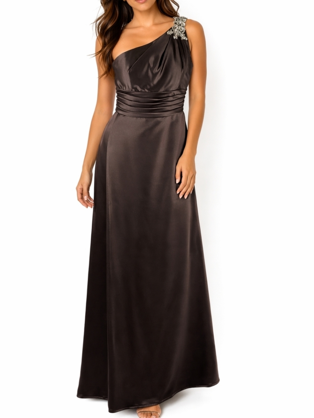 Forever Yours Chocolate Brown Crystal Embellished One Shoulder Bridesmaid Dress